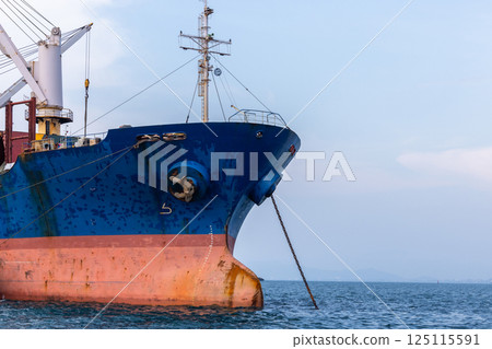 Bulk carrier vessel loading cargo at industrial port with onboard cranes, Maritime cargo opetration bulk ship handling goods at seaport, Heavy bulk cargo tranfer goods operation at sea. 125115591