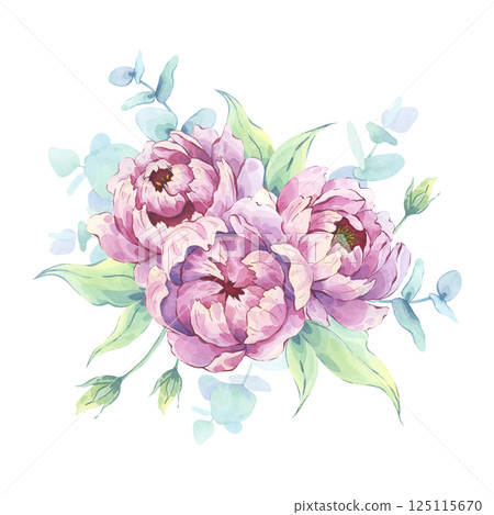 Peony floral arrangement with eucalyptus twigs. Hand-painted bouquet in watercolor illustrative technique. Great for greeting cards, scrapbooking, invitations, and seasonal decorations 125115670