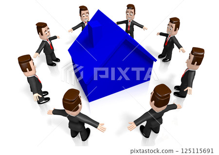 Cartoon businessmen and house shape - 3D illustration 125115691