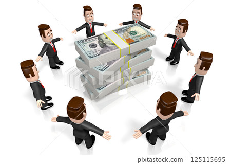 Cartoon businessmen and stacked money - 3D illustration Cartoon businessmen and stacked money - 3D illustration 125115695