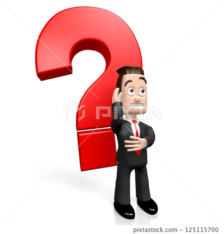 Cartoon businessman and question mark - confusion concept - 3D illustration 125115700