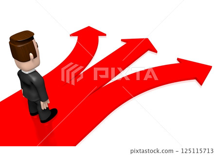 Cartoon businessman and arrows - choice concept - 3D illustration 125115713