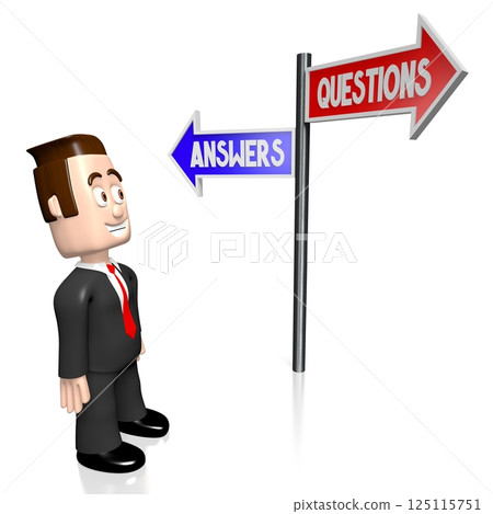 Cartoon businessman - questions and answers signpost - 3D illustration Cartoon businessman - questions and answers signpost - 3D illustration 125115751