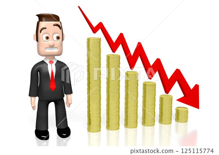 Sad cartoon businessman and crisis chart - 3D illustration Sad cartoon businessman and crisis chart - 3D illustration 125115774