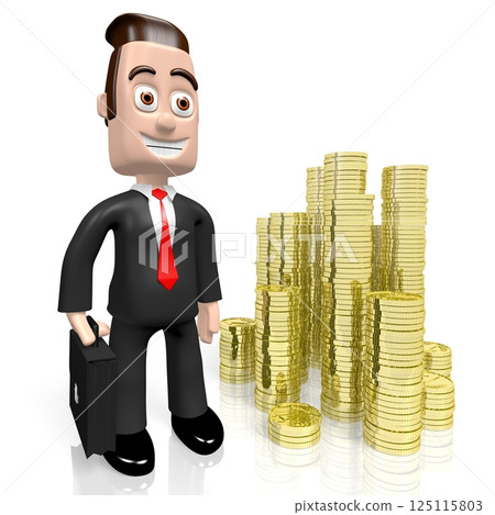 Cartoon businessman and golden coins - 3D illustration Cartoon businessman and golden coins - 3D illustration 125115803