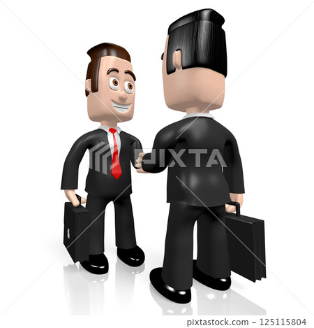 Two cartoon businessmen shaking hands - partnership concept - 3D illustration Two cartoon businessmen shaking hands - partnership concept - 3D illustration 125115804