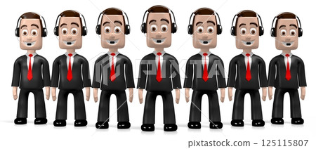 Cartoon businessmen with headsets - call center concept - 3D illustration Cartoon businessmen with headsets - call center concept - 3D illustration 125115807