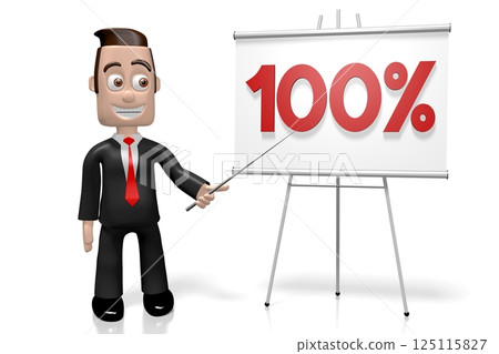 Cartoon businessman and 100 percent chart - 3D illustration Cartoon businessman and 100 percent chart - 3D illustration 125115827