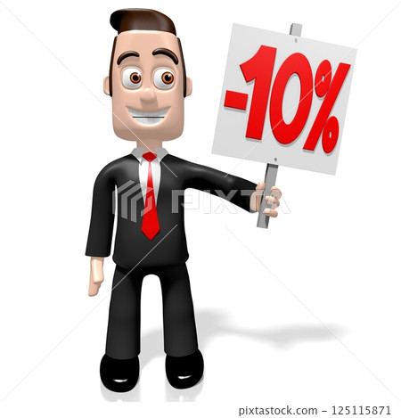 Cartoon businessman holding 10 percent off banner - 3D illustration Cartoon businessman holding 10 percent off banner - 3D illustration 125115871