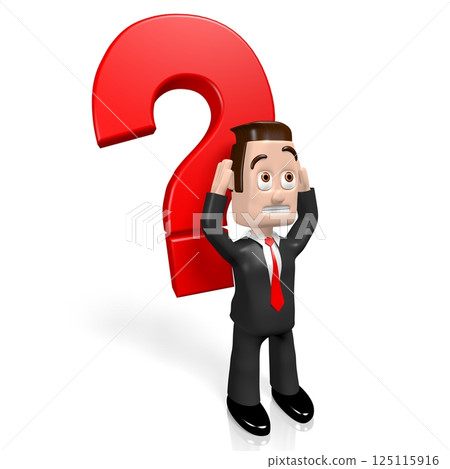 Cartoon businessman and question mark - confusion concept - 3D illustration Cartoon businessman and question mark - confusion concept - 3D illustration 125115916