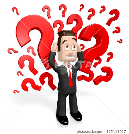 Cartoon businessman and question mark - confusion concept - 3D illustration Cartoon businessman and question mark - confusion concept - 3D illustration 125115917