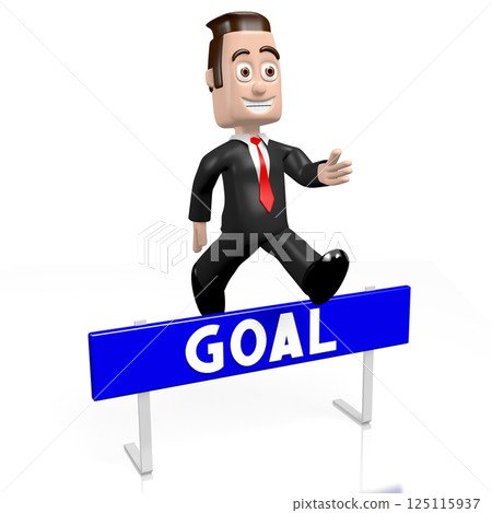 Cartoon businessman jumping over an obstacle - goal concept - 3D illustration Cartoon businessman jumping over an obstacle - goal concept - 3D illustration 125115937
