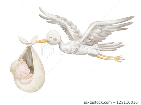 Watercolor illustration of a flying Stork carrying a newborn Baby in a soft cloth bundle. Drawing of bird with cute Infant for baby shower invitations or newborn party invitations in pastel colors. Watercolor illustration of a flying Stork carrying a newborn Baby in a soft cloth bundle. Drawing of bird with cute Infant for baby shower invitations or newborn party invitations in pastel colors. 125116016