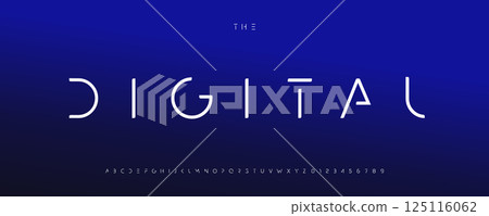 Digital sci-fi font, futuristic techno letters, minimalist sleek typeface with geometric shapes, cyber display alphabet for innovative branding, next-gen UI headlines and logo. Vector typeset. 125116062