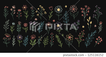 Hand-Drawn Set of Various Colorful Floral and Leaf Illustrations 125116152