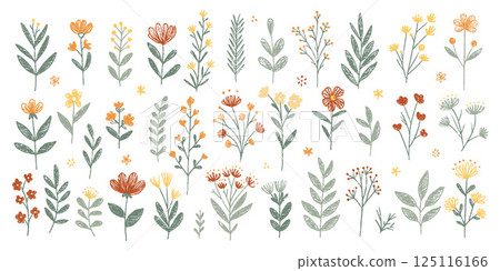 Spring crayon kid flower illustration with hand-drawn wildflowers 125116166