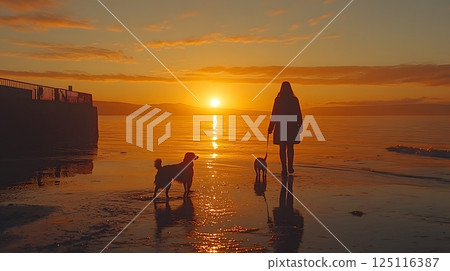 Silhouette of Woman Walking with Dog and Cat During Sunset on Beach Silhouette of Woman Walking with Dog and Cat During Sunset on Beach 125116387