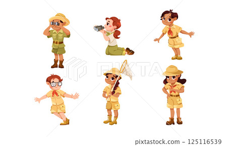 Cute Children Wear Safari Costume and Hat Vector Set 125116539