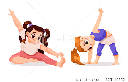 Children Doing Yoga Standing in Asana Vector Set 125116552