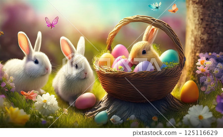 Cute Easter Bunny in the woods with Easter eggs in a basket Cute Easter Bunny in the woods with Easter eggs in a basket 125116629