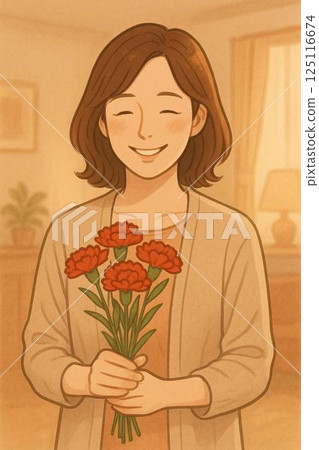 Illustration of a mother receiving flowers on Mother's Day 125116674