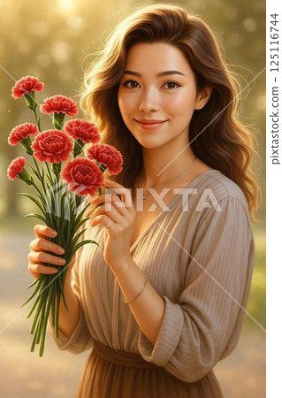 A beautiful illustration of a woman holding a carnation as a Mother's Day gift 125116744
