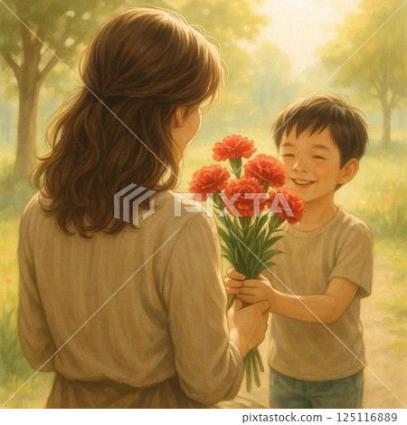 Back view of a boy and his mother handing over a carnation | Mother's Day illustration 125116889
