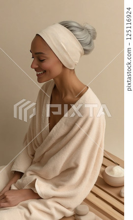 Silver-haired woman enjoying a serene moment in a modern spa with minimalist design Silver-haired woman enjoying a serene moment in a modern spa with minimalist design 125116924