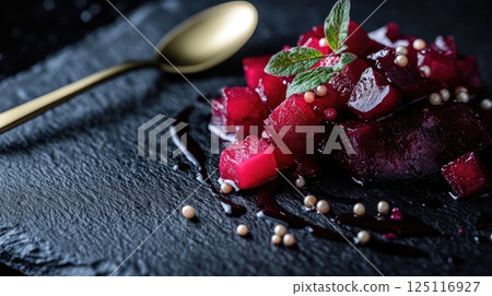Close-up of fermented plum and beetroot cubes with kombucha pearls on a dark slate plate 125116927