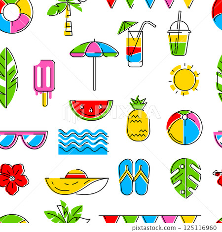 Pattern with summer items. Stylized beach objects. 125116960