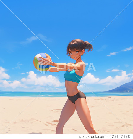 Girls playing beach volleyball 125117158