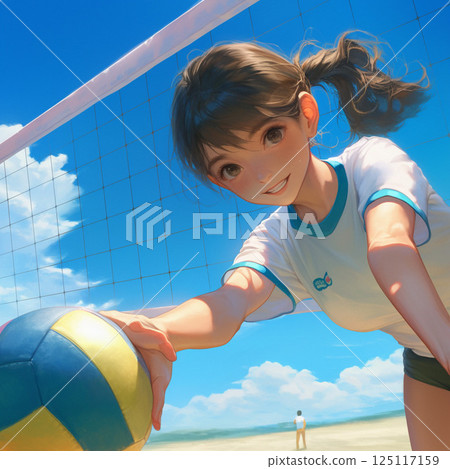 Girls playing beach volleyball 125117159