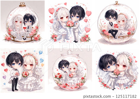 Bottled happiness. Marriage of an albino girl and a blue-eyed young man. Clip art collection of anime-style miniature characters 125117182