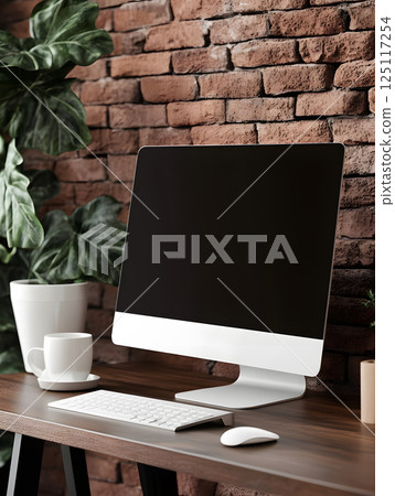 Computer stands on table with plants. Dark background. Side view. Computer mockup for design 125117254