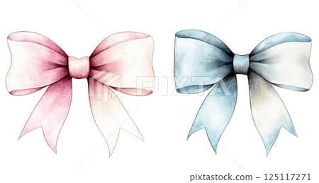 Elegant bow set in pink and blue shades for decorative purposes and crafts 125117271