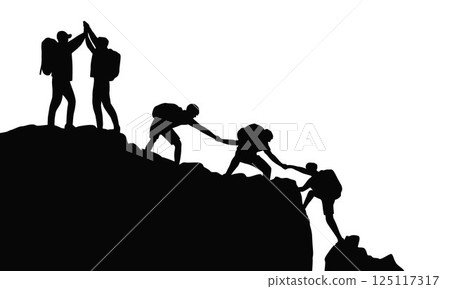 Silhouette of Climbers Mutual Assistance, Group Team People Helping Work, Climb Mountain, Teamwork friendship hiking help each other trust assistance silhouette 125117317