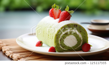Matcha Swiss Roll Cake with Fresh Strawberries and Cream Matcha Swiss Roll Cake with Fresh Strawberries and Cream 125117335