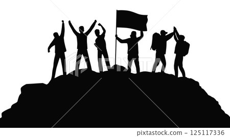 Business team success concept, silhouette of business man on peak mountain, Help and assistance concept, Climb Mountain Business team success concept, silhouette of business man on peak mountain, Help and assistance concept, Climb Mountain 125117336