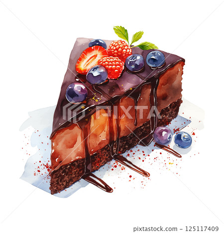 Rich chocolate cake slice topped with fresh berries on a white plate 125117409