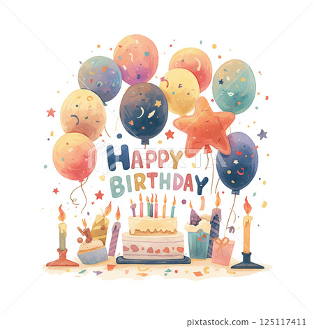 Colorful birthday celebration with cake, balloons, and presents in a festive atmosphere Colorful birthday celebration with cake, balloons, and presents in a festive atmosphere 125117411