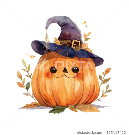 Cute pumpkin character wearing a witch's hat, surrounded by autumn leaves and magical stars Cute pumpkin character wearing a witch's hat, surrounded by autumn leaves and magical stars 125117412