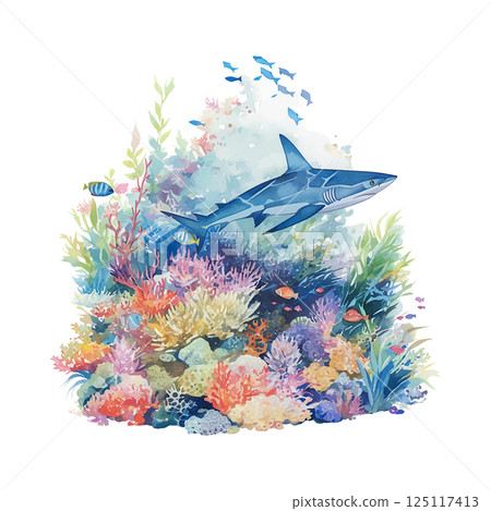 Colorful coral reef ecosystem with a shark swimming among vibrant marine life 125117413