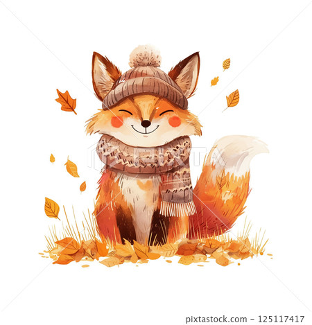 Cute fox wearing a hat and scarf enjoys autumn leaves in a joyful outdoor setting with warm colors 125117417