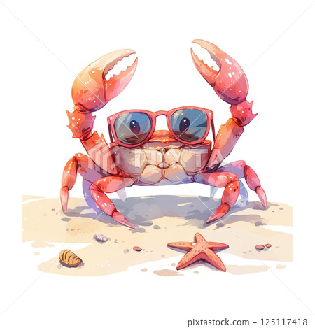 Cute crab wearing sunglasses while relaxing on the beach with a starfish and seashells nearby during a sunny day 125117418