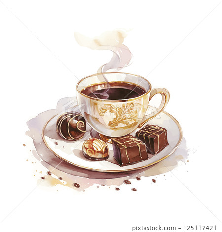 Rich coffee served in an elegant cup with assorted chocolates on a decorative plate 125117421