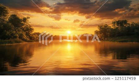 Golden Sunset Over a Tranquil River 125117459