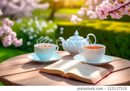 Afternoon tea with an open book among cherry blossoms in backyard of country house on sunny spring afternoon Afternoon tea with an open book among cherry blossoms in backyard of country house on sunny spring afternoon 125117528