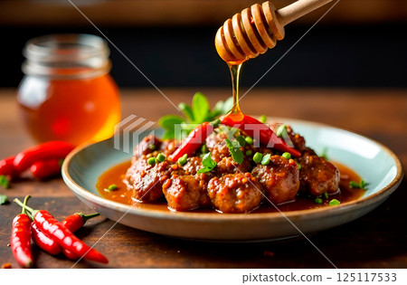 Fried meat is sprinkled with honey infused with chili peppers. Spicy and sweet. Combination of flavors Fried meat is sprinkled with honey infused with chili peppers. Spicy and sweet. Combination of flavors 125117533