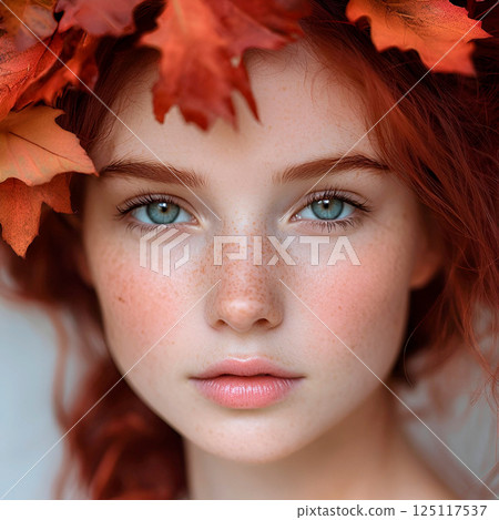 Autumn beauty with freckles and red hair in wreath of fallen leaves Autumn beauty with freckles and red hair in wreath of fallen leaves 125117537