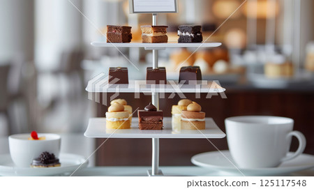 Elegant Afternoon Tea Desserts on Tiered Stand Elegant Afternoon Tea Desserts on Tiered Stand 125117548